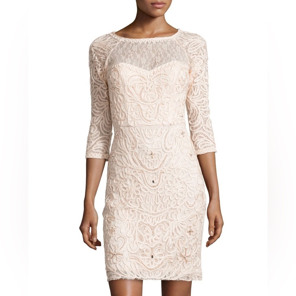 Sue Wong Blush Lace Dress Womens 8 Macramé Illusion Sleeve Cocktail Wedding
